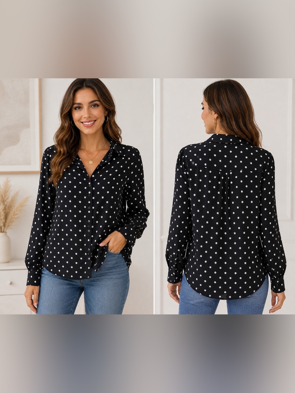 NWT A New Day Black White Polka Dot Button Front Blouse Top XS Rayon